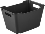 A dark gray plastic storage bin with handles.