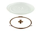 Microwave glass turntable plate with a brown roller ring and coupler.