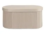 Beige oval ottoman with pleated fabric sides and a smooth top.