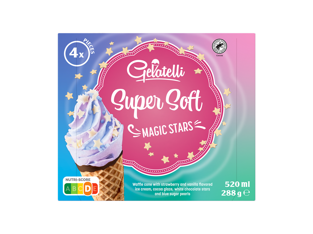 GELATELLI Super Soft vahvlikoonusjäätis maasika- ja vanillimaitselise jäätisega, tähtedega.