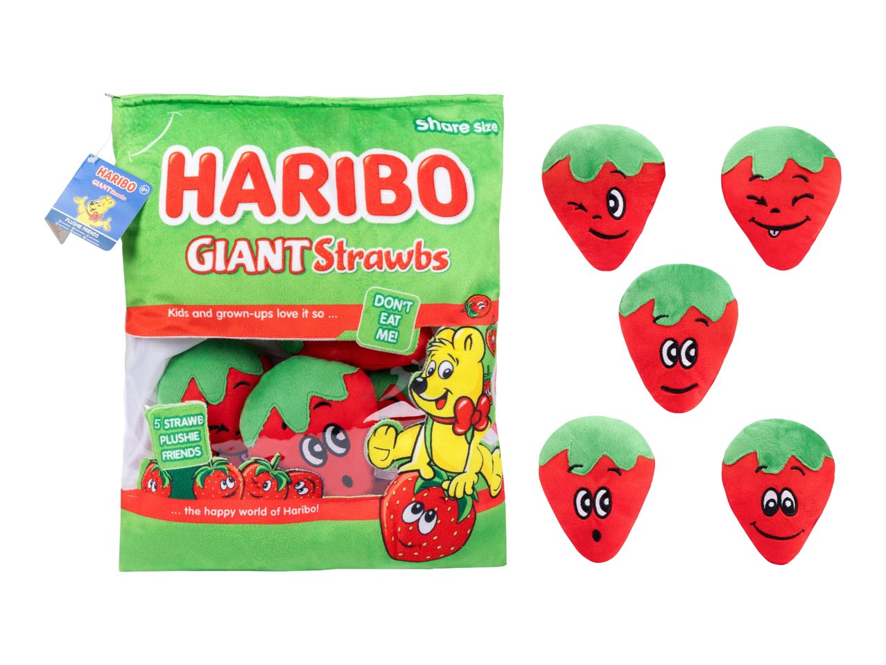 Green plush bag of giant strawberry plushies with various facial expressions.