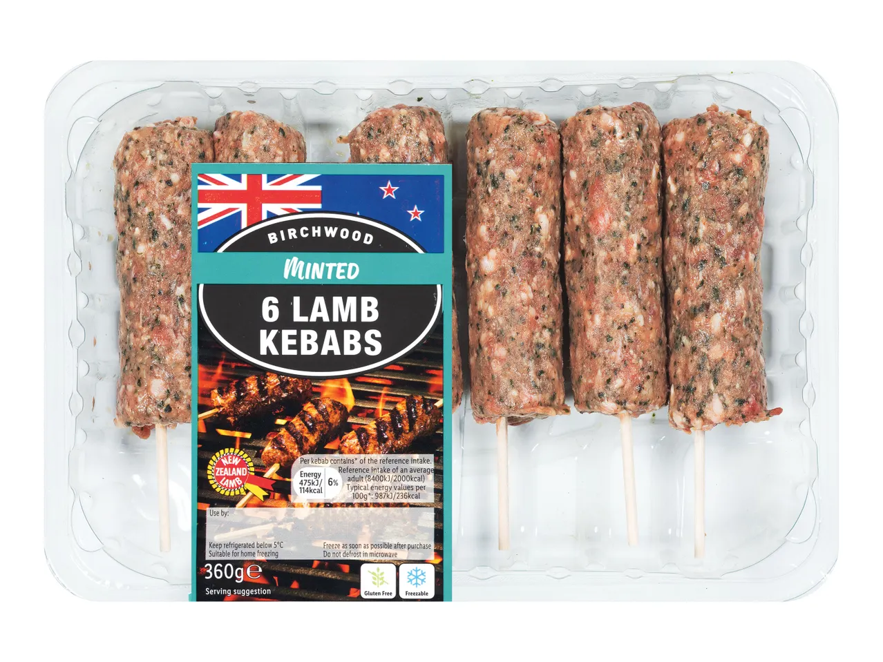 6 Birchwood Minted lamb kebabs.