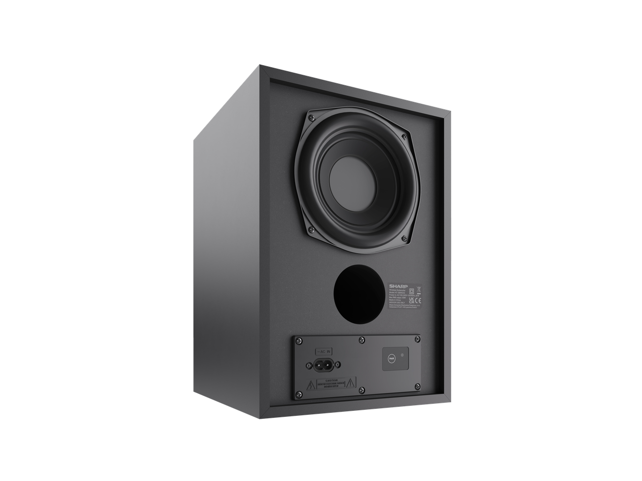 Subwoofer Soundbar Sharp, vedere din spate cu porturi și informații despre produs