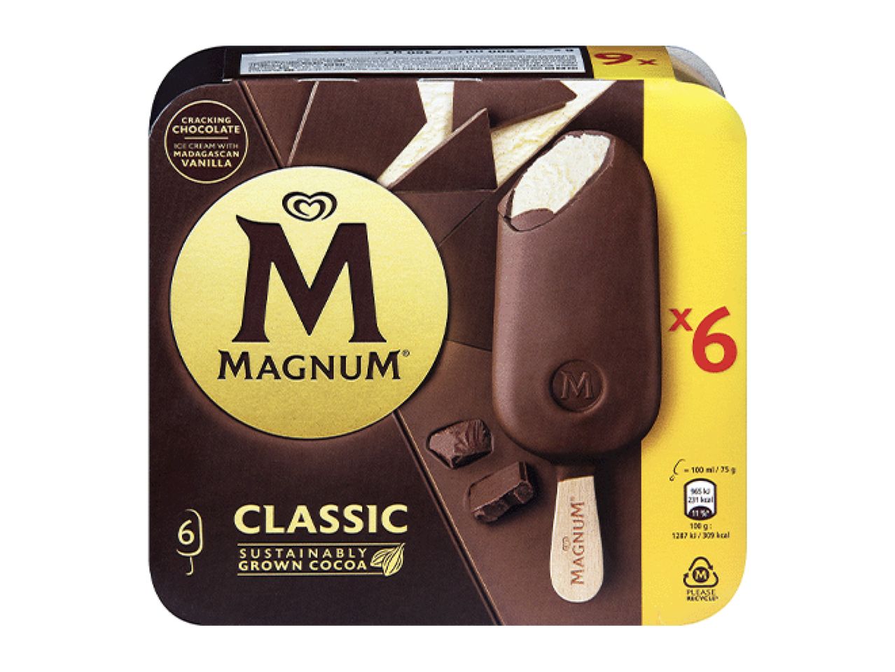 Box of six classic vanilla ice cream bars with cracking chocolate coating.