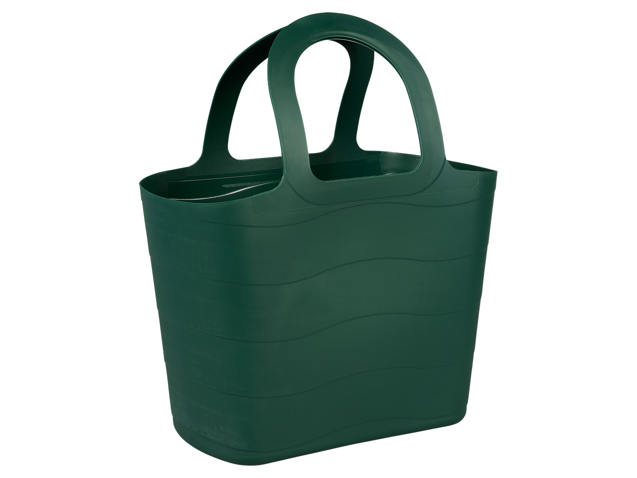 A dark green plastic tote bag with handles.