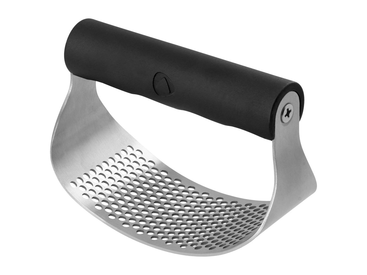 Stainless steel garlic press with a black handle, isolated on a white background.