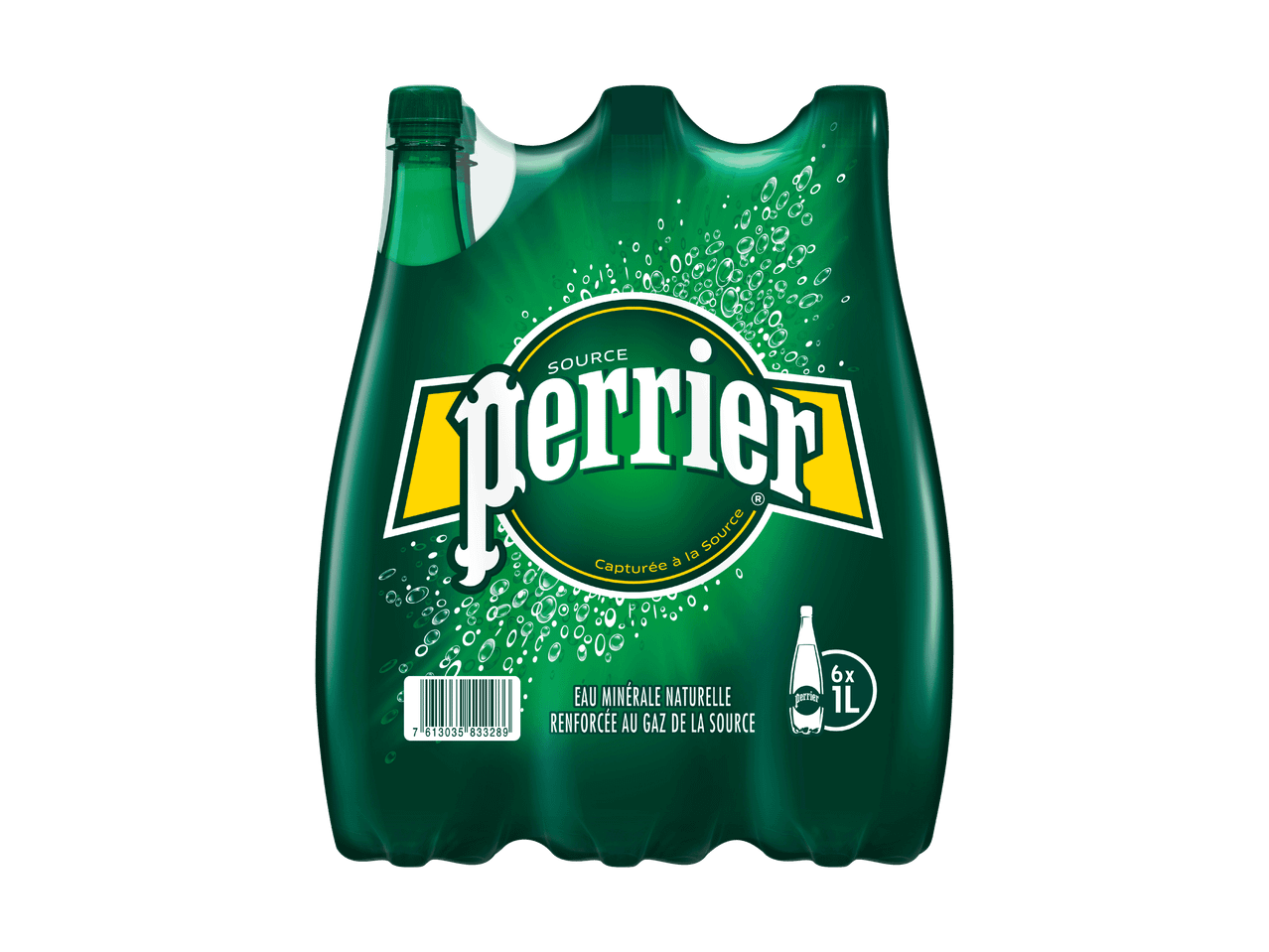 6er-Pack Perrier Mineralwasserflaschen à 1 Liter.