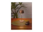 A modern bronze table lamp on a wooden table with a green placemat and a succulent.