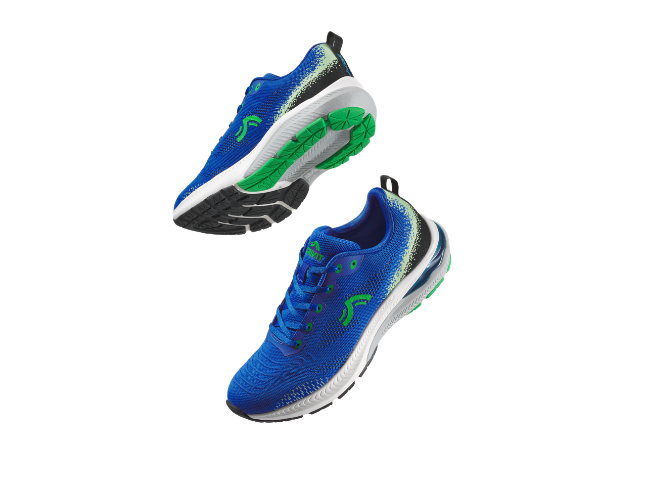 Kaks sinist Joma jooksujalatsit hõljuvad mustal taustal.