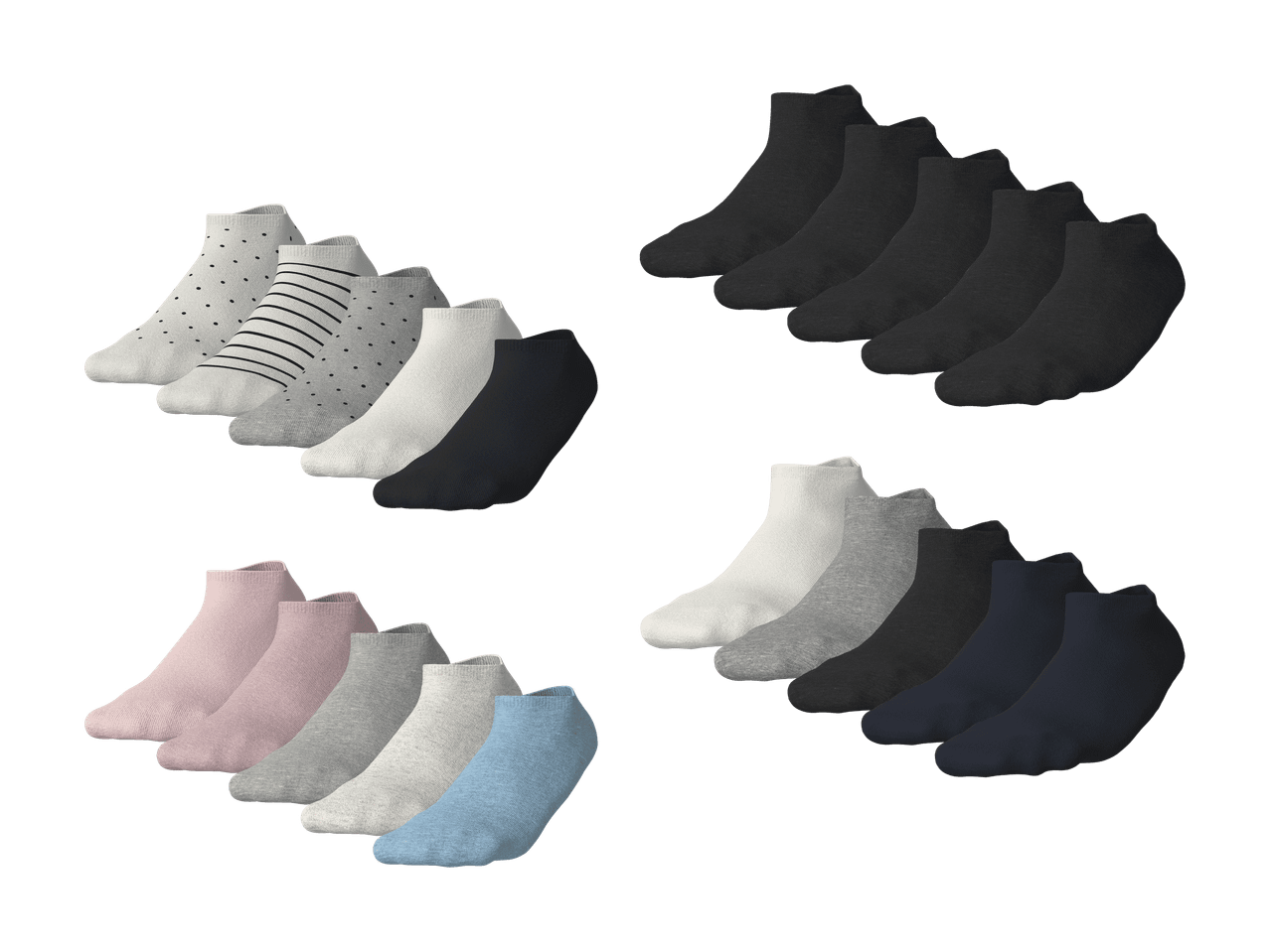 Kurze Socken in verschiedenen Mustern und Farben, darunter Grau, Schwarz, Rosa und Blau.