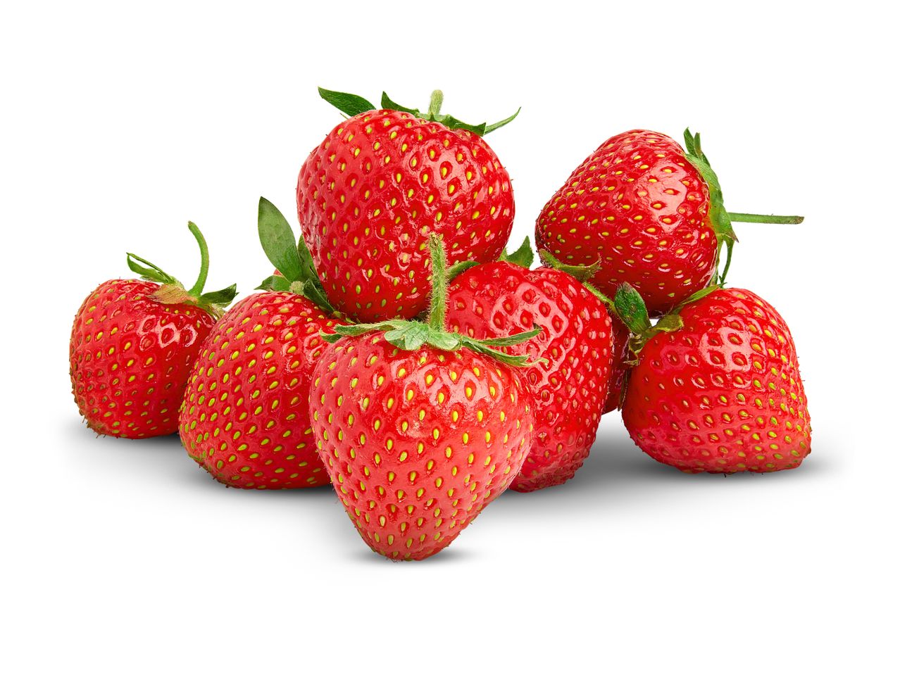 A pile of fresh, ripe red strawberries with green stems and leaves.