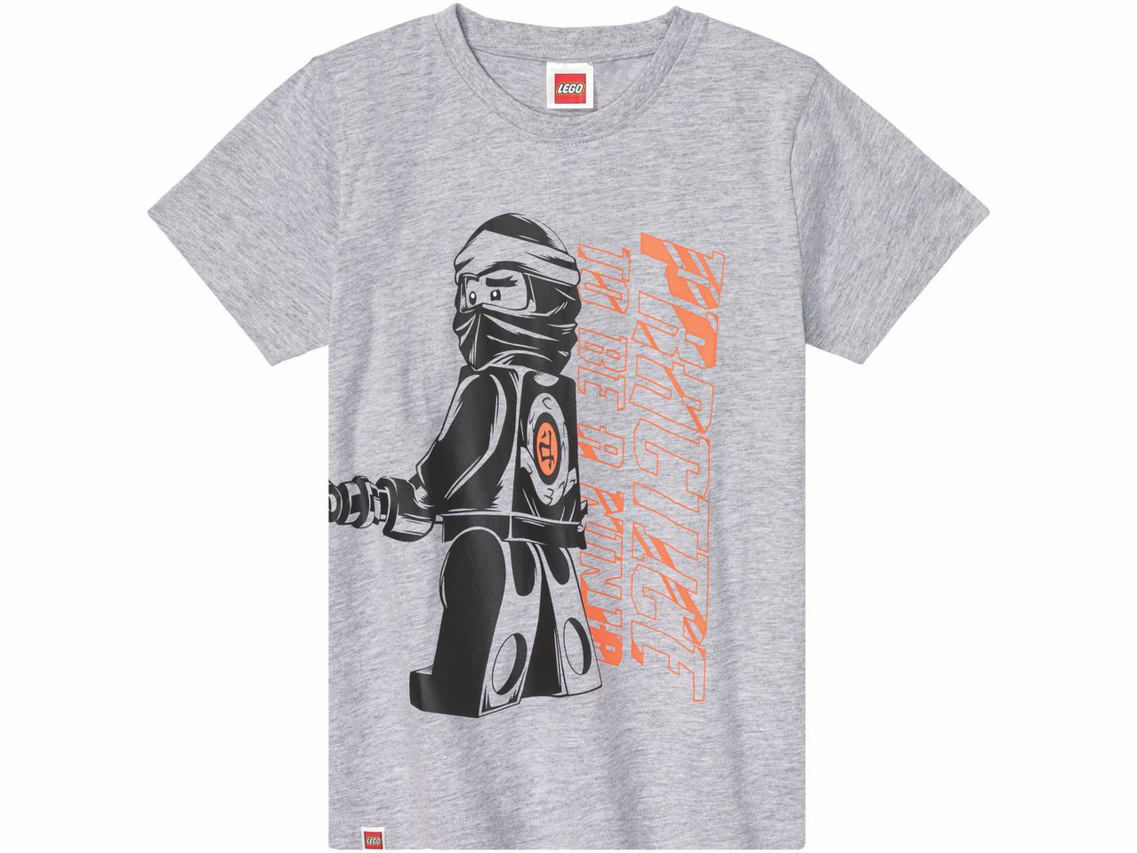 Maglietta grigia da bambino con stampa di un personaggio Lego Ninjago nero e scritte arancioni.