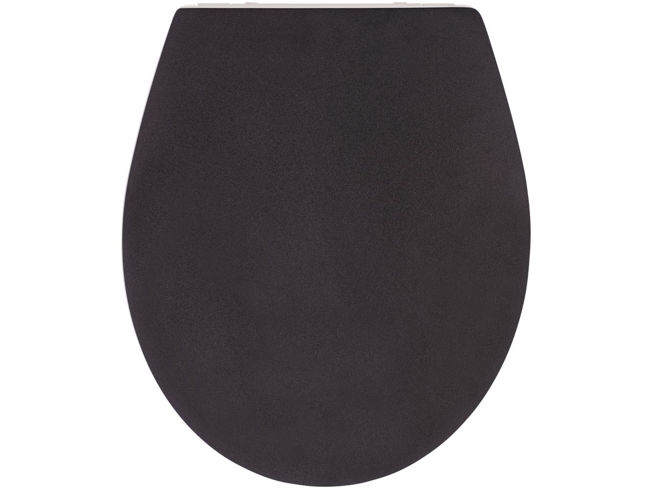 A dark gray elongated toilet seat.