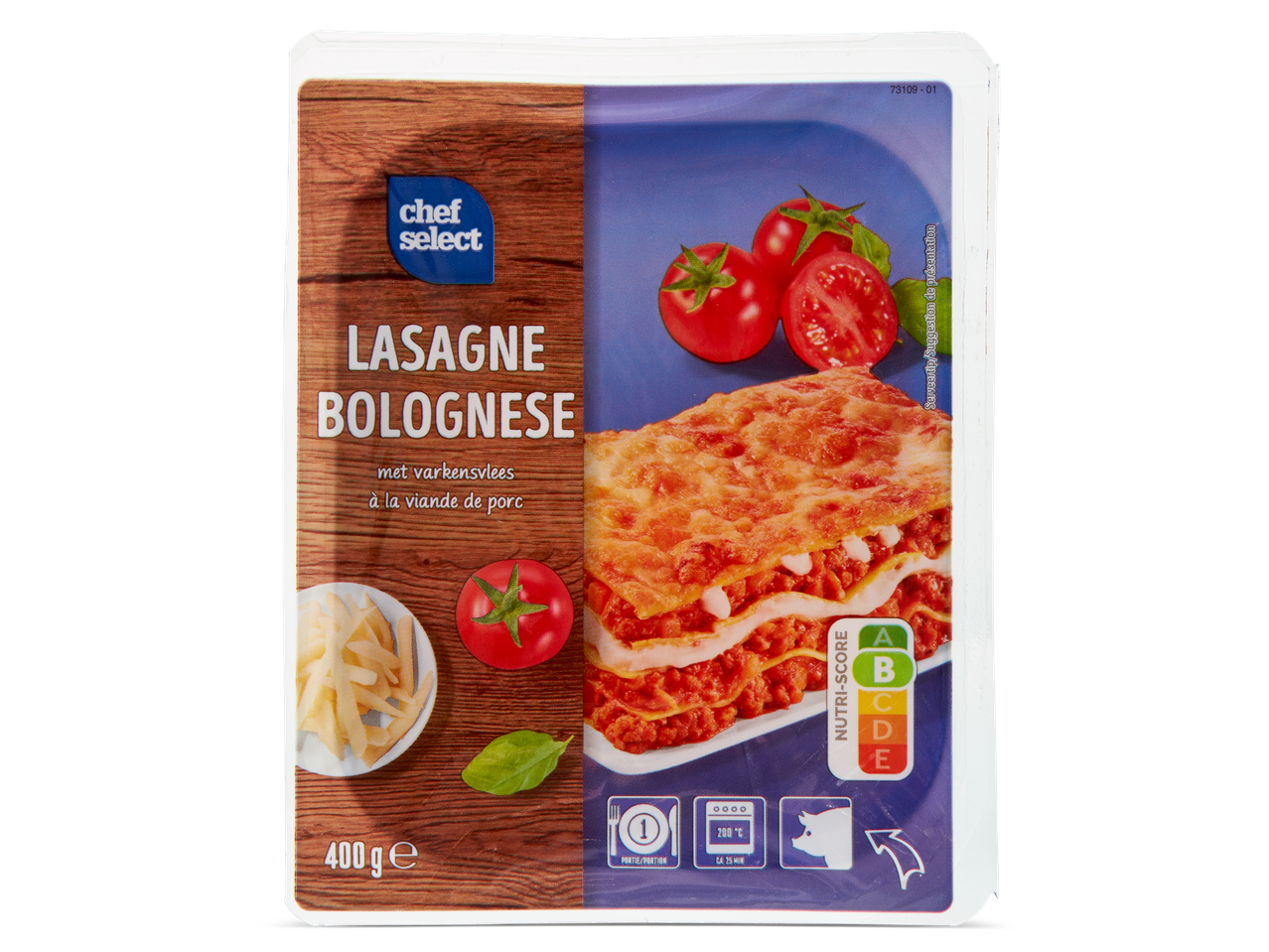Chef Select Lasagne Bolognese, een diepvriesmaaltijd met varkensvlees, klaar om te koken.