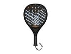 Black padel racket with light blue and orange geometric patterns and a black grip.