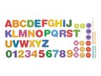 Colorful alphabet letters, numbers, and math symbols for learning.