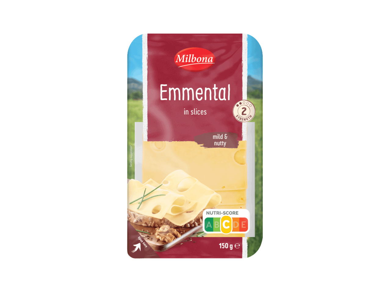 Pakovanje narezanog ementalera sa natpisom „mild & nutty“ i Nutri-Score ocenom C.