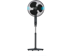 Ventilador de chão preto com grade de proteção.