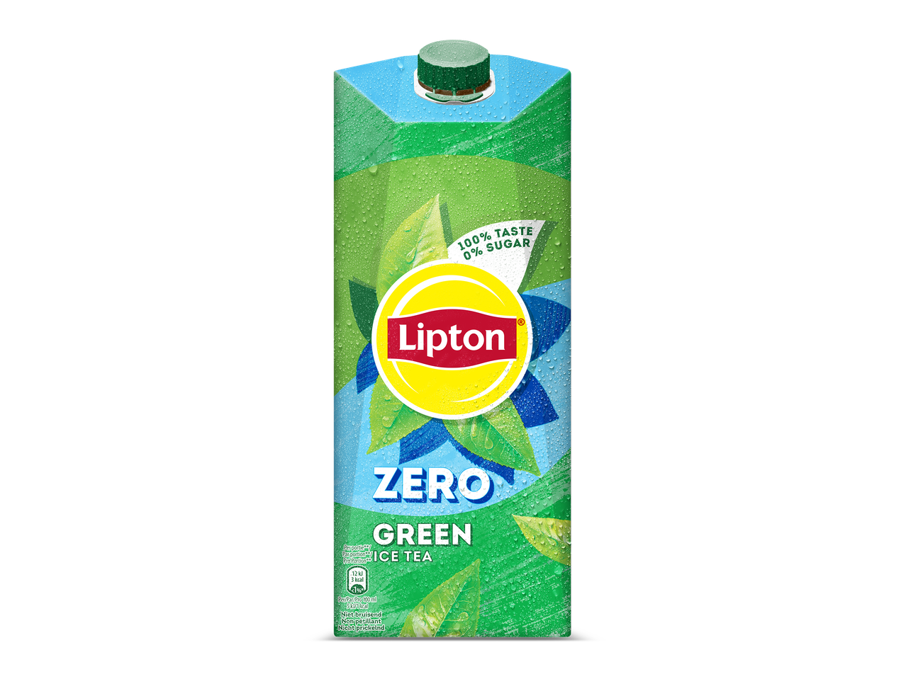 Groene ijsthee in een pak met 100% smaak en 0% suiker.