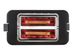 Top-down view of a black toaster with two slices of bread toasting inside, glowing red.