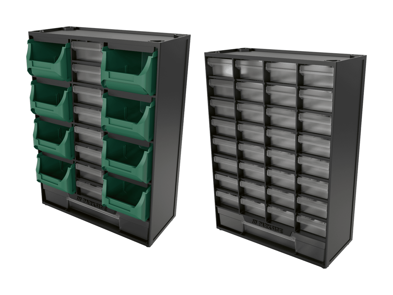 Deux armoires à outils avec bacs verts et tiroirs transparents.