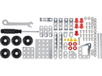 Kit de construção de metal com ferramentas e peças.