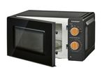 Black microwave oven with an open door, featuring two wooden-look control dials.