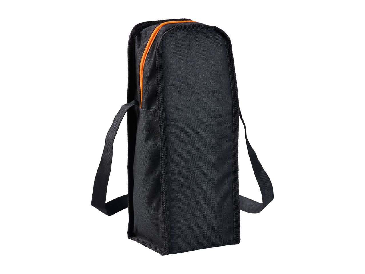 A black carrying case with orange zipper and shoulder straps.
