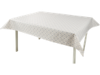 Tablecloth with beige and blue geometric pattern.