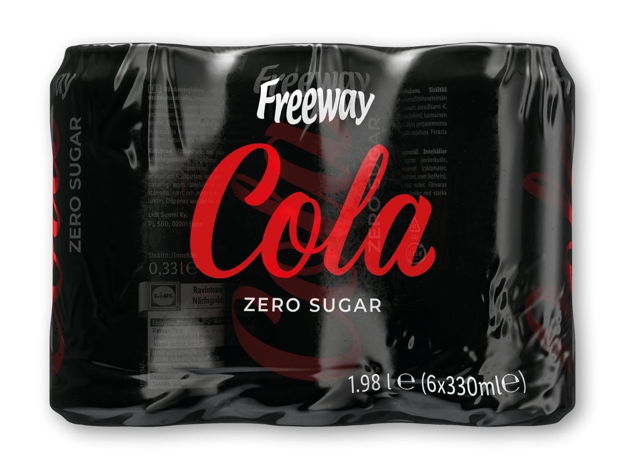 En seks-pak Freeway Cola Zero Sugar dåser i sort plastikemballage.