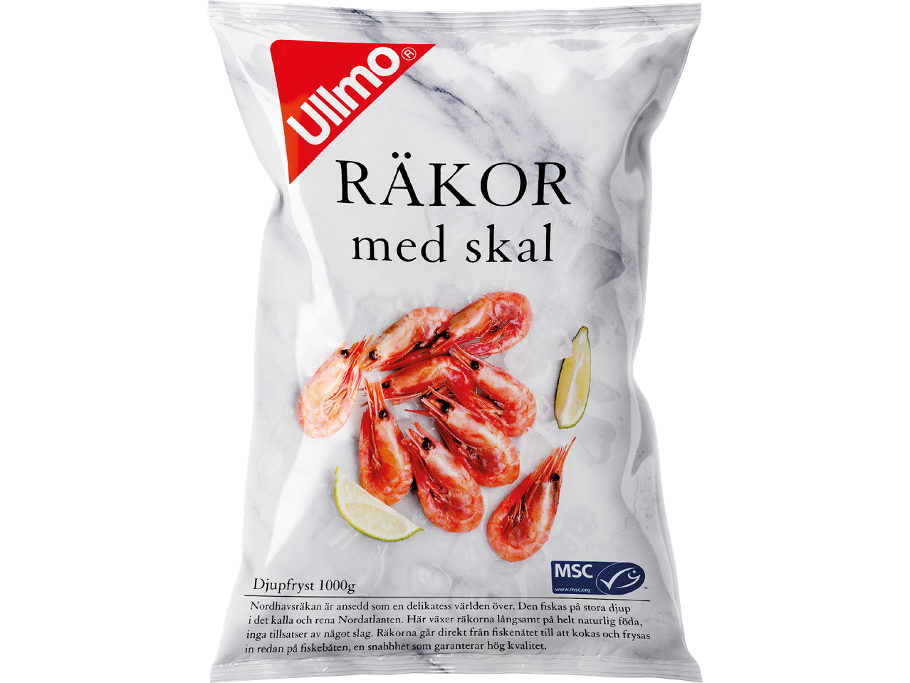 Paket med Ullmo räkor med skal, djupfrysta.