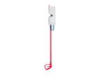 A red spray mop with a white microfiber cleaning pad.
