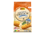 Verpakking met krokante kipstrips, met de tekst 'Crispy Chick'n Strips' en 'Met 100% mals kipfilet'.