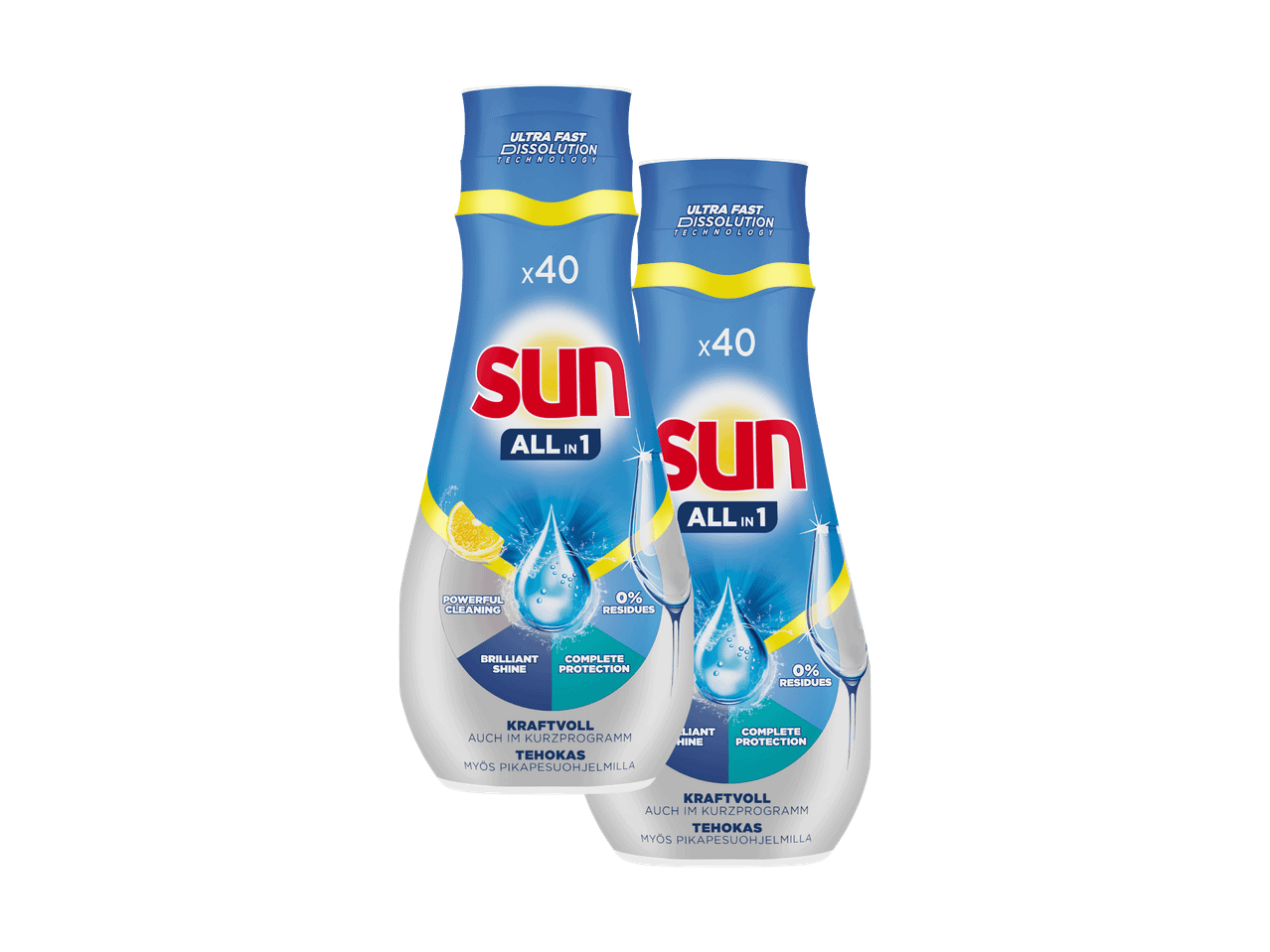 Deux bouteilles de détergent pour lave-vaisselle Sun Tout en 1 avec technologie de dissolution ultra rapide.
