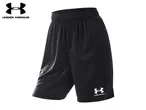 Black athletic shorts with an elastic waistband and a white logo on the lower left leg.