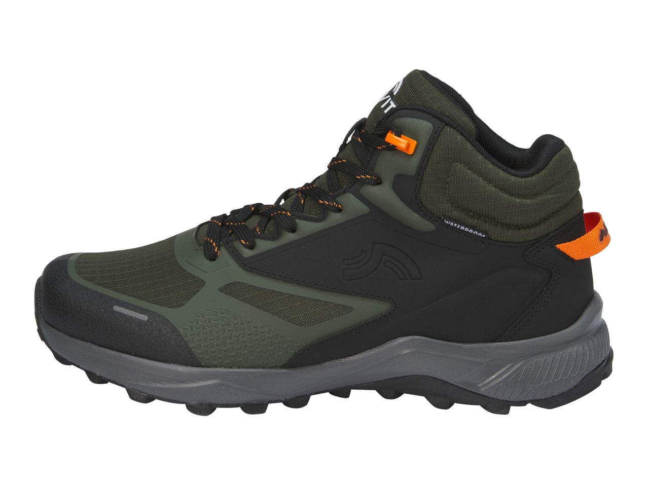 Dark green and black waterproof mid-cut hiking boot with orange accents