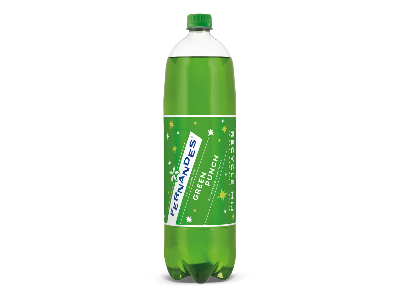 Een groene fles sprankelende limonade met een groen etiket met de tekst 'Green Punch' en 'Recycle Mij'.