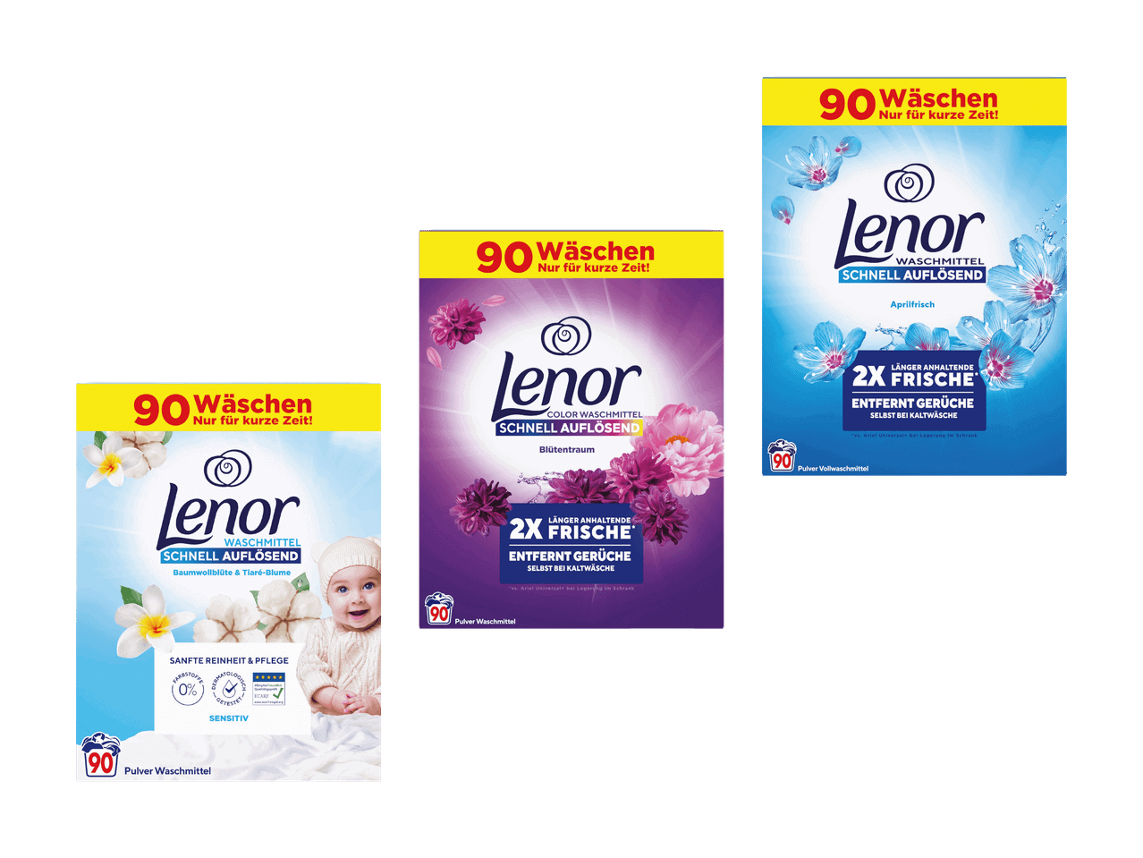 Drei Packungen Waschpulver mit Blumen und einem Baby, die 90 Wäschen und Frische versprechen.
