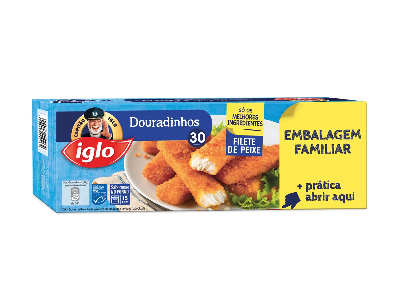 Iglo: 30 palitos de peixe, filetes de peixe.