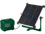 A solar panel and a green battery charger with various input/output indicators.