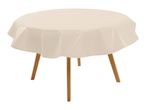 Round table with a light beige plastic tablecloth and wooden legs