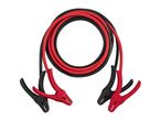 Red and black jumper cables with clamps arranged in a circular shape.