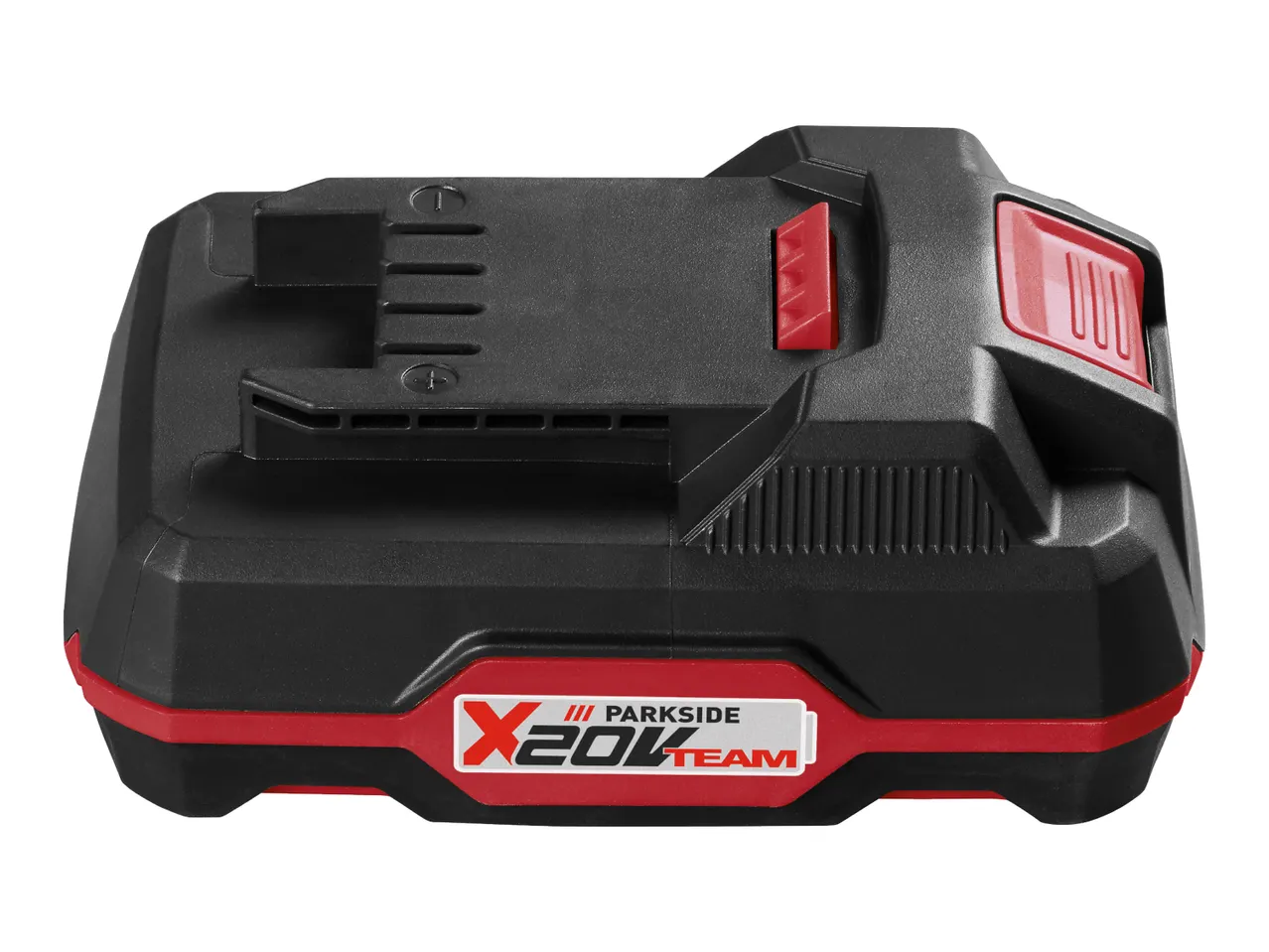 Black and red power tool battery with a red button and a logo that says 'X20V TEAM'