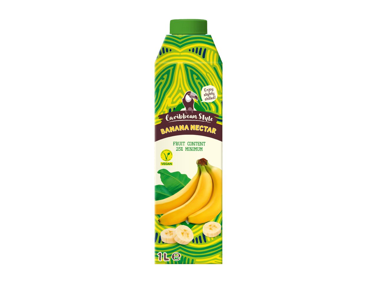 Banana nectar carton with a toucan and bananas, stating 'Enjoy slightly chilled!' and 'Vegan'.