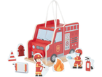 Medinis žaislų rinkinys su ugniagesių mašina ir ugniagesių figūrėlėmis