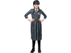 Child in a Beetlejuice/Wednesday Addams costume with black and white stripes.