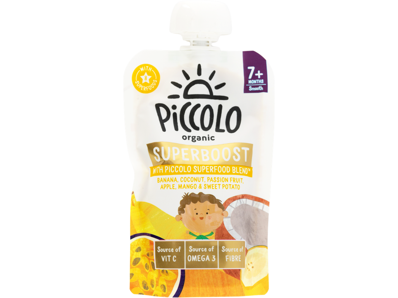 Piccolo Organic Superboost baby food pouch with banana, coconut, passion fruit, apple, mango & sweet potato.