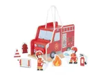 Wooden fire truck toy with firefighters, fire hydrant, and other accessories.