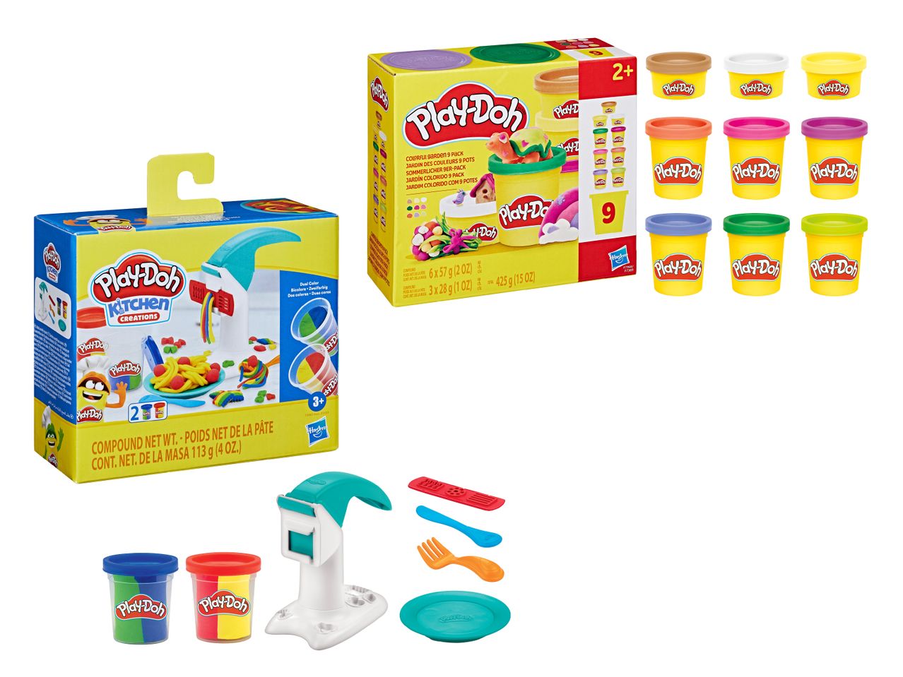 Zwei Play-Doh-Sets: ein Nudel-Set mit Zubehör und ein 9er-Pack bunter Knete.