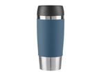 Blue stainless steel travel mug.